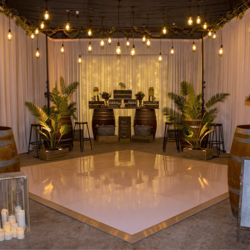 white dancefloor for rustic wedding photoshoot