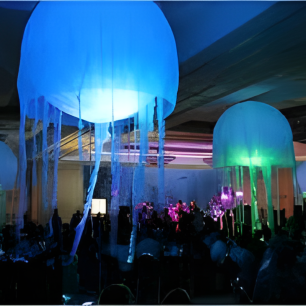 inflatable jelly fish above dining tables