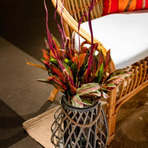 purple and greens floral centrepiece