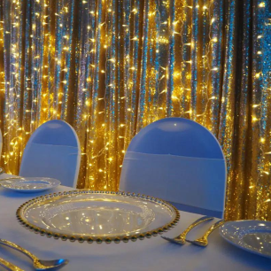 bridal table sequin backdrop close up 