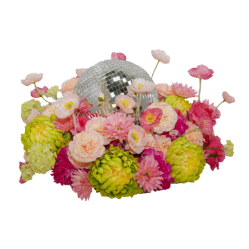 floral centrepiece bright pink and yellow flowers